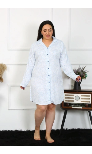 Moda Çizgi Kadın Büyük Beden Pamuk Düğmeli Uzun Kol Mavi Tunik Gecelik 12202