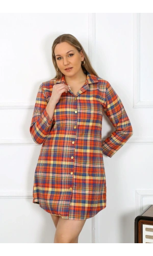 Moda Çizgi Kadın Büyük Beden Pamuk Düğmeli Uzun Kol Tunik Gecelik 12206