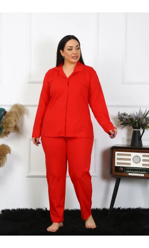 Moda Çizgi Kadın Büyük Beden Pamuklu Cepli Düğmeli Kırmızı Pijama Takım 202401