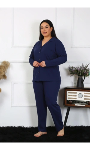 Moda Çizgi Kadın Büyük Beden Pamuklu Cepli Düğmeli Lacivert Pijama Takım 202401