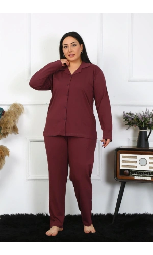 Moda Çizgi Kadın Büyük Beden Pamuklu Cepli Düğmeli Mürdüm Pijama Takım 202401