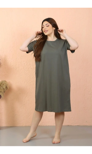 Moda Çizgi Kadın Büyük Beden Penye Kısa Kol Haki Gecelik 12502