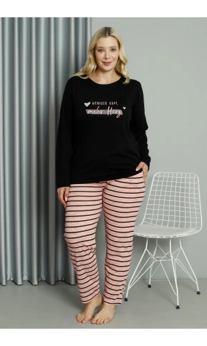 Moda Çizgi Kadın Büyük Beden Penye Uzun Kol Pijama Takım 202210