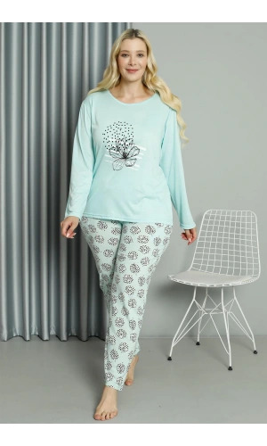Moda Çizgi Kadın Büyük Beden Penye Uzun Kol Pijama Takım 202211