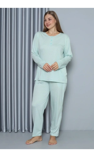 Moda Çizgi Kadın Büyük Beden Penye Uzun Kol Pijama Takım 202212