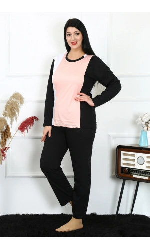 Moda Çizgi Kadın Büyük Beden Penye Uzun Kol Pijama Takım 202213