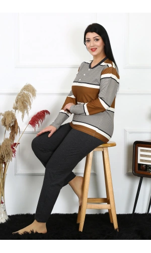 Moda Çizgi Kadın Büyük Beden Penye Uzun Kol Pijama Takım 202214