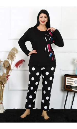 Moda Çizgi Kadın Büyük Beden Penye Uzun Kol Pijama Takım 202215