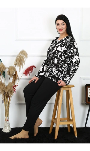 Moda Çizgi Kadın Büyük Beden Penye Uzun Kol Pijama Takım 202217
