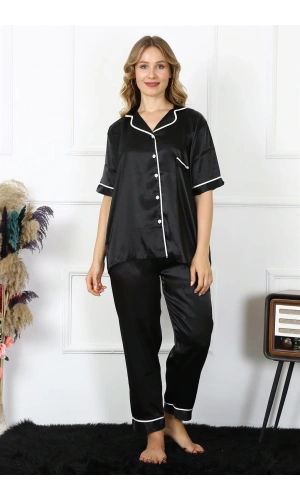 Moda Çizgi Kadın Büyük Beden Siyah Saten Pijama Takımı 10303