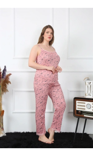 Moda Çizgi Kadın Büyük Beden Somon İp Askılı Pijama Takım 202198