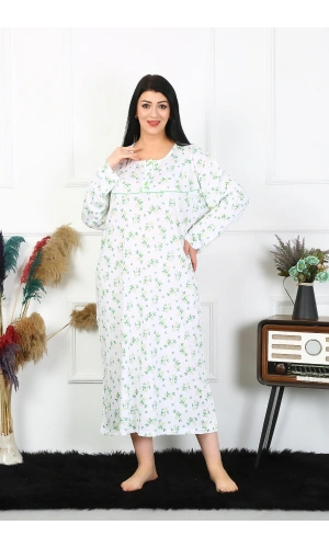 Moda Çizgi Kadın Büyük Beden Uzun Kol Beyaz Anne Gecelik 1363