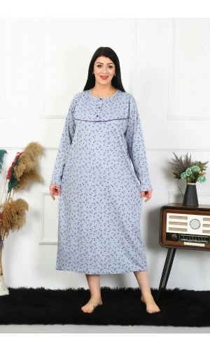 Moda Çizgi Kadın Büyük Beden Uzun Kol İndigo Anne Gecelik 1366