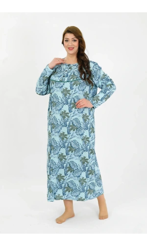 Moda Çizgi Kadın Büyük Beden Uzun Kol Mavi Anne Gecelik 1378