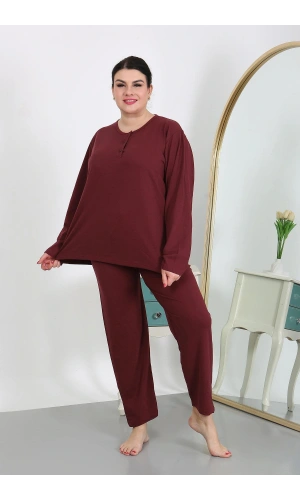 Moda Çizgi Kadın Büyük Beden Uzun Kol Penye Pijama Takımı Bordo 202501