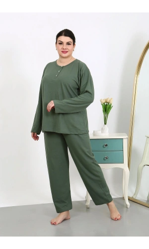 Moda Çizgi Kadın Büyük Beden Uzun Kol Penye Pijama Takımı Haki 202501