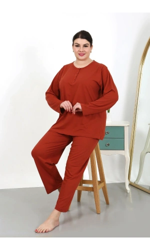 Moda Çizgi Kadın Büyük Beden Uzun Kol Penye Pijama Takımı Kiremit 202501