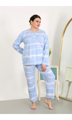 Moda Çizgi Kadın Büyük Beden Uzun Kol Penye Pijama Takımı Mavi 202502