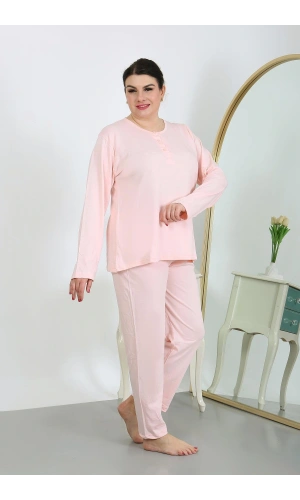 Moda Çizgi Kadın Büyük Beden Uzun Kol Penye Pijama Takımı Pembe 202501