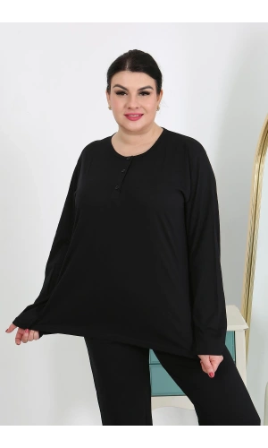 Moda Çizgi Kadın Büyük Beden Uzun Kol Penye Pijama Takımı Siyah 202501