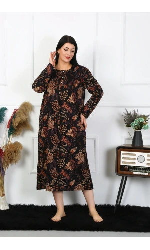 Moda Çizgi Kadın Büyük Beden Uzun Kol Siyah Anne Gecelik 1367