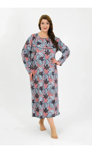 Moda Çizgi Kadın Büyük Beden Uzun Kol Somon Anne Gecelik 1378