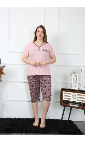 Moda Çizgi Kadın Büyük Beden Viscon  Kapri Pijama Takım 202202