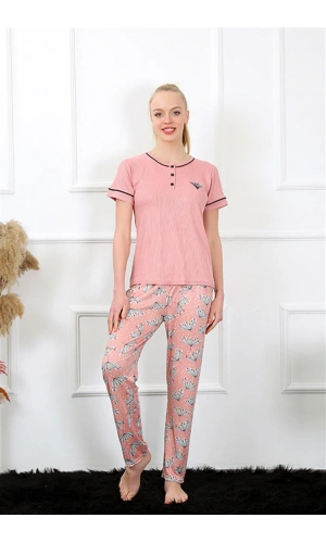Moda Çizgi Kadın Gül Kurusu Kısa Kol Pijama Takım 20388