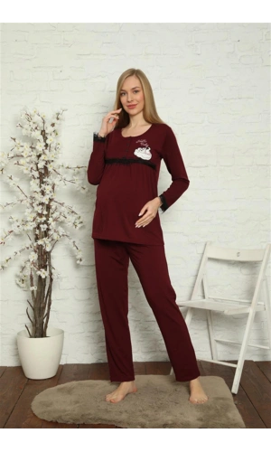 Moda Çizgi Kadın Hamile Lohusa Bordo Pijama Takımı 45201
