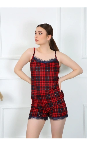 Moda Çizgi Kadın İp Askılı Ekoseli Şortlu Takım 3599