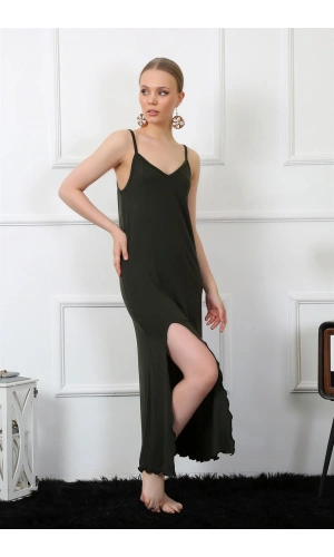Moda Çizgi Kadın İp Askılı Haki Uzun Gecelik 901