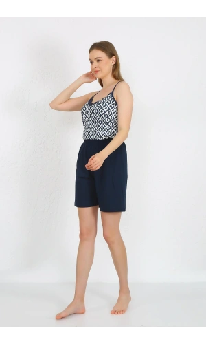 Moda Çizgi Kadın İp Askılı Pamuk Penye Şortlu Takım Lacivert 3621