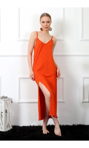 Moda Çizgi Kadın İp Askılı Turuncu Uzun Gecelik 901