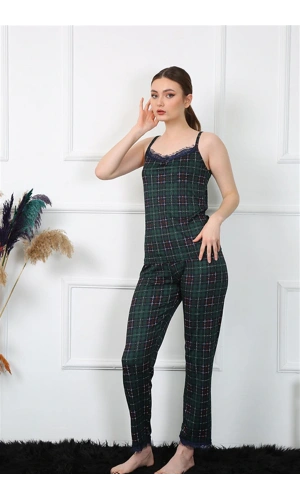Moda Çizgi Kadın İp Askılı Yeşil Ekoseli Pijama Takım 4135