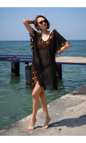 Moda Çizgi Kadın İşlemeli Tunik Pareo Plaj Elbisesi Siyah 38045