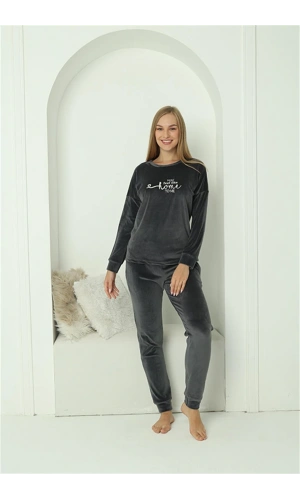 Moda Çizgi Kadın Kadife Füme Pijama Takım 20624