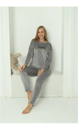 Moda Çizgi Kadın Kadife Gri Pijama Takım 20624