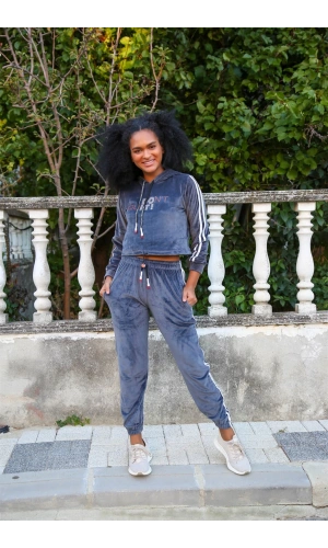 Moda Çizgi Kadın Kadife Kapşonlu Eşofman Takım 9054