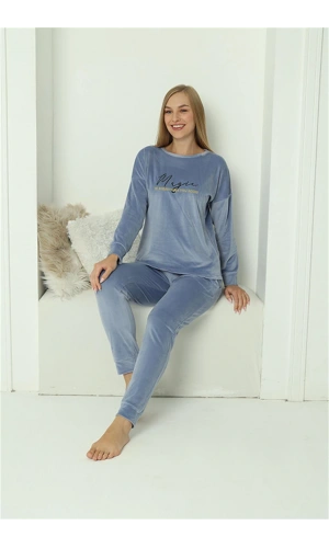 Moda Çizgi Kadın Kadife Mavi Pijama Takım 20624