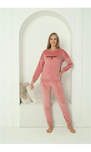 Moda Çizgi Kadın Kadife Pembe Pijama Takım 20624