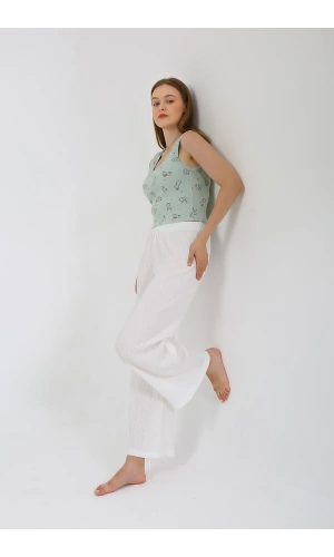 Moda Çizgi Kadın Kalın Askılı Body Bol Paça Pantolon 2`li Takım Beyaz 4219