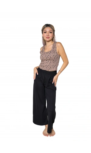 Moda Çizgi Kadın Kalın Askılı Body Bol Paça Pantolon 2`li Takım Kahve 4217