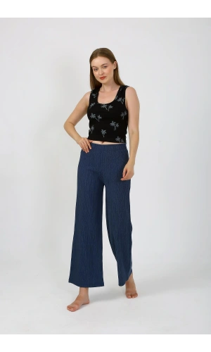 Moda Çizgi Kadın Kalın Askılı Body Bol Paça Pantolon 2`li Takım Siyah 4221