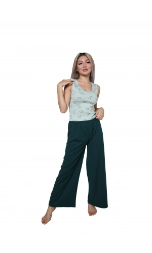 Moda Çizgi Kadın Kalın Askılı Body Bol Paça Pantolon 2`li Takım Su Yeşili 4218