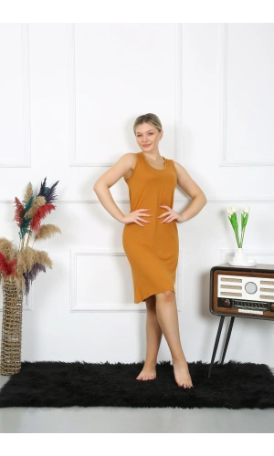 Moda Çizgi Kadın Kalın Askılı Penye Gecelik Hardal 14001