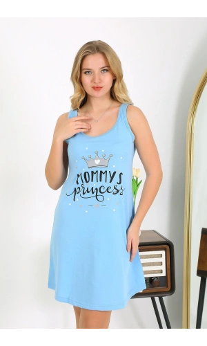 Moda Çizgi Kadın Kalın Askılı Penye Gecelik Mavi 1777