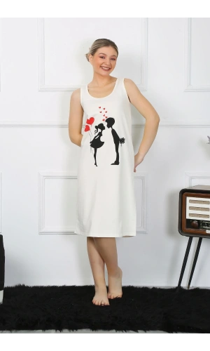 Moda Çizgi Kadın Kalın Askılı Penye Uzun Ekru Gecelik 12001