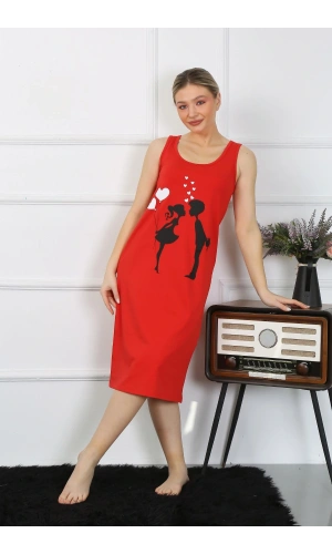 Moda Çizgi Kadın Kalın Askılı Penye Uzun Kırmızı Gecelik 12001