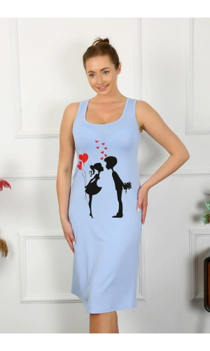 Moda Çizgi Kadın Kalın Askılı Penye Uzun Mavi Gecelik 12001