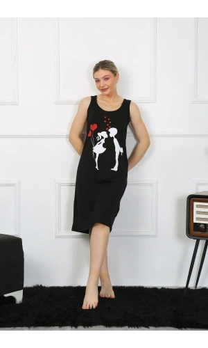 Moda Çizgi Kadın Kalın Askılı Penye Uzun Siyah Gecelik 12001